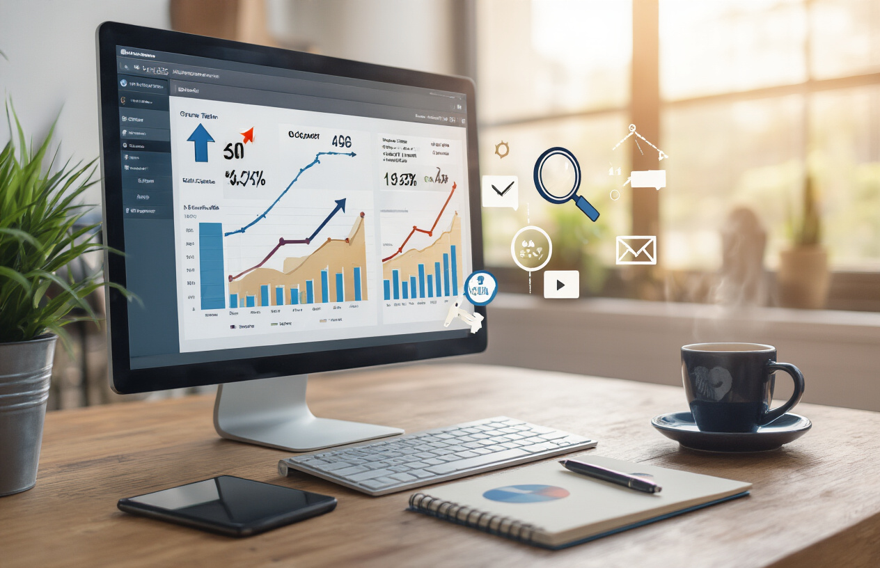 Create a realistic image of a computer screen displaying a website analytics dashboard with upward trending graphs and organic traffic metrics, surrounded by digital marketing elements like search magnifying glass icons, upward arrows, and website visitor flow visualization, set against a modern office desk with a laptop, coffee cup, and notebook, featuring warm natural lighting from a window, conveying growth and success in digital marketing, absolutely NO text should be in the scene.