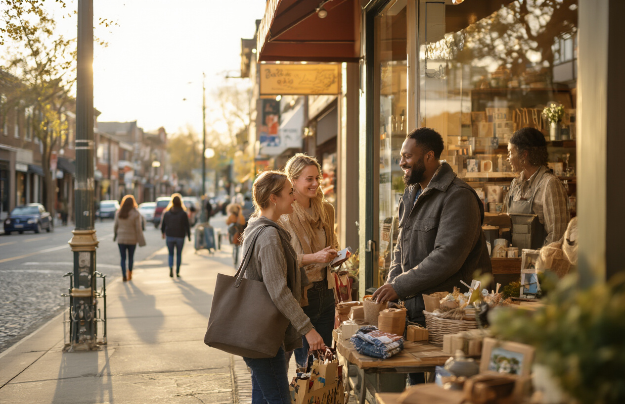 Create a realistic image of a diverse group of local customers including a white female and a black male browsing and shopping at a small neighborhood business storefront, with a friendly business owner visible through the window, warm afternoon lighting creating an inviting atmosphere, local street scene with nearby shops and residential buildings in the background, people walking on sidewalks suggesting community connection, absolutely NO text should be in the scene.