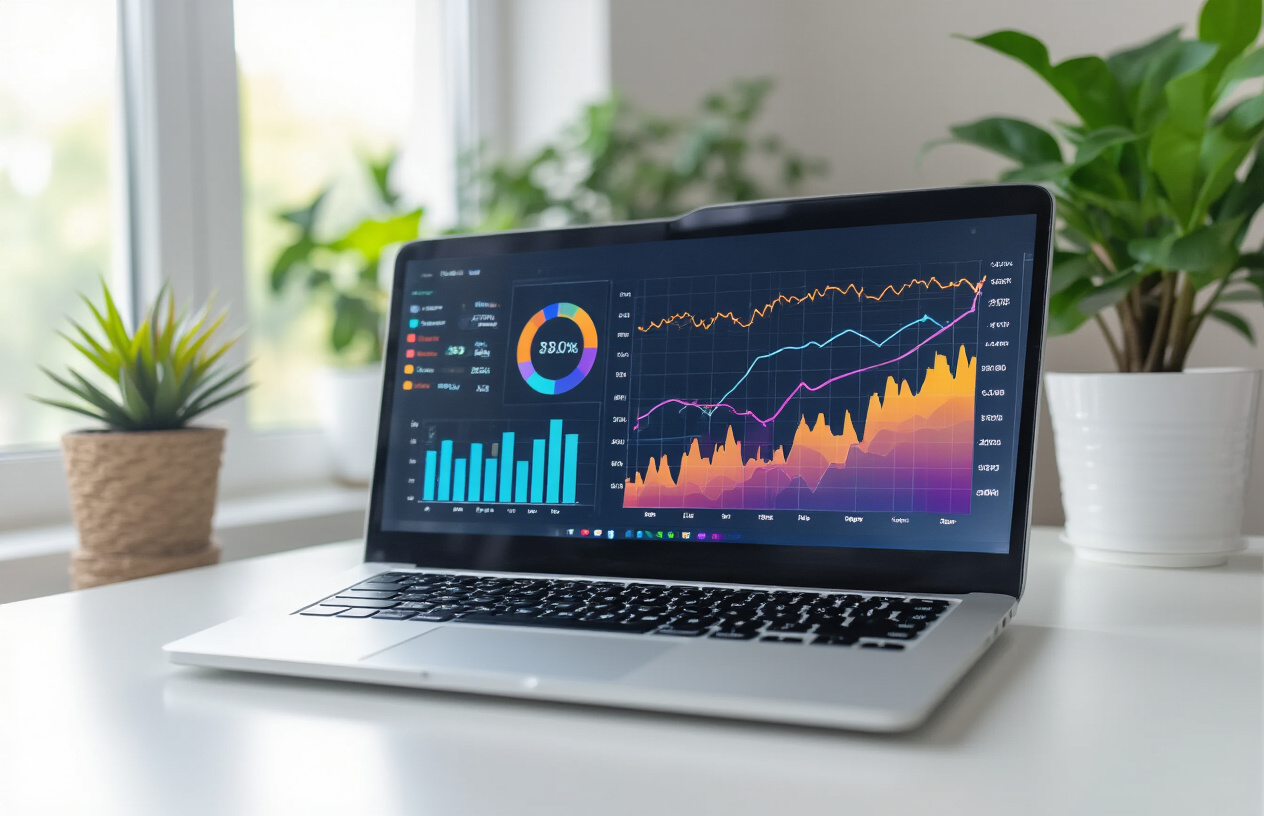 Create a realistic image of a modern laptop computer displaying colorful SEO analytics graphs and upward trending charts on the screen, positioned on a clean white desk with a potted green plant in the background, soft natural lighting from a window creating a professional and optimistic atmosphere suggesting business growth and success, absolutely NO text should be in the scene.