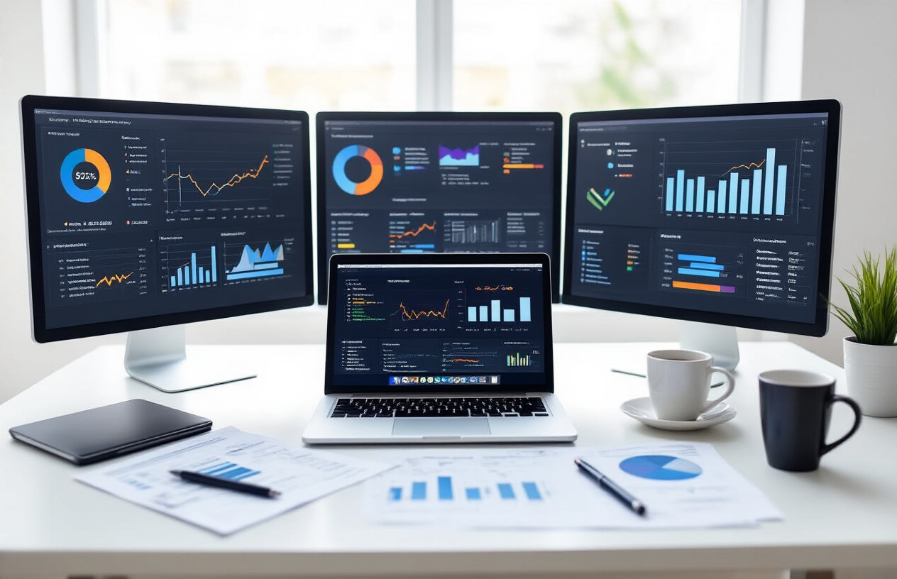Create a realistic image of a modern office workspace with multiple computer monitors displaying colorful analytics dashboards, charts, graphs, and data visualizations related to website traffic and SEO metrics, with a sleek laptop open showing search engine ranking reports, scattered business documents with statistical data, a coffee cup, and professional office supplies on a clean white desk, bright natural lighting from a window, professional business atmosphere, absolutely NO text should be in the scene.