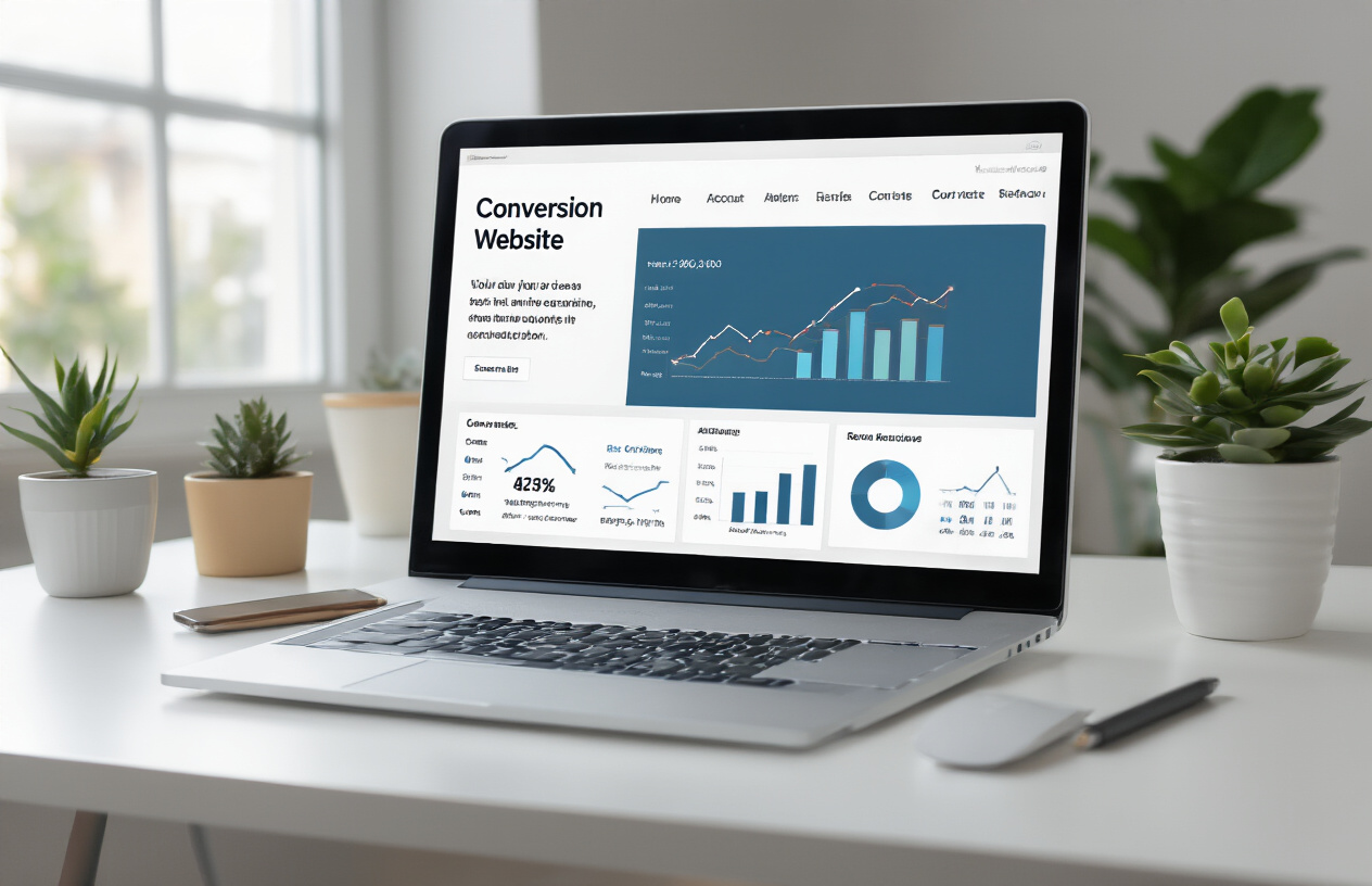 Create a realistic image of a modern website interface displayed on a laptop screen showing clean, intuitive navigation with smooth user experience elements, surrounded by upward trending conversion rate charts and analytics graphs on a clean white desk, with soft natural lighting from a window creating a professional atmosphere that conveys improved user engagement and business growth, absolutely NO text should be in the scene.