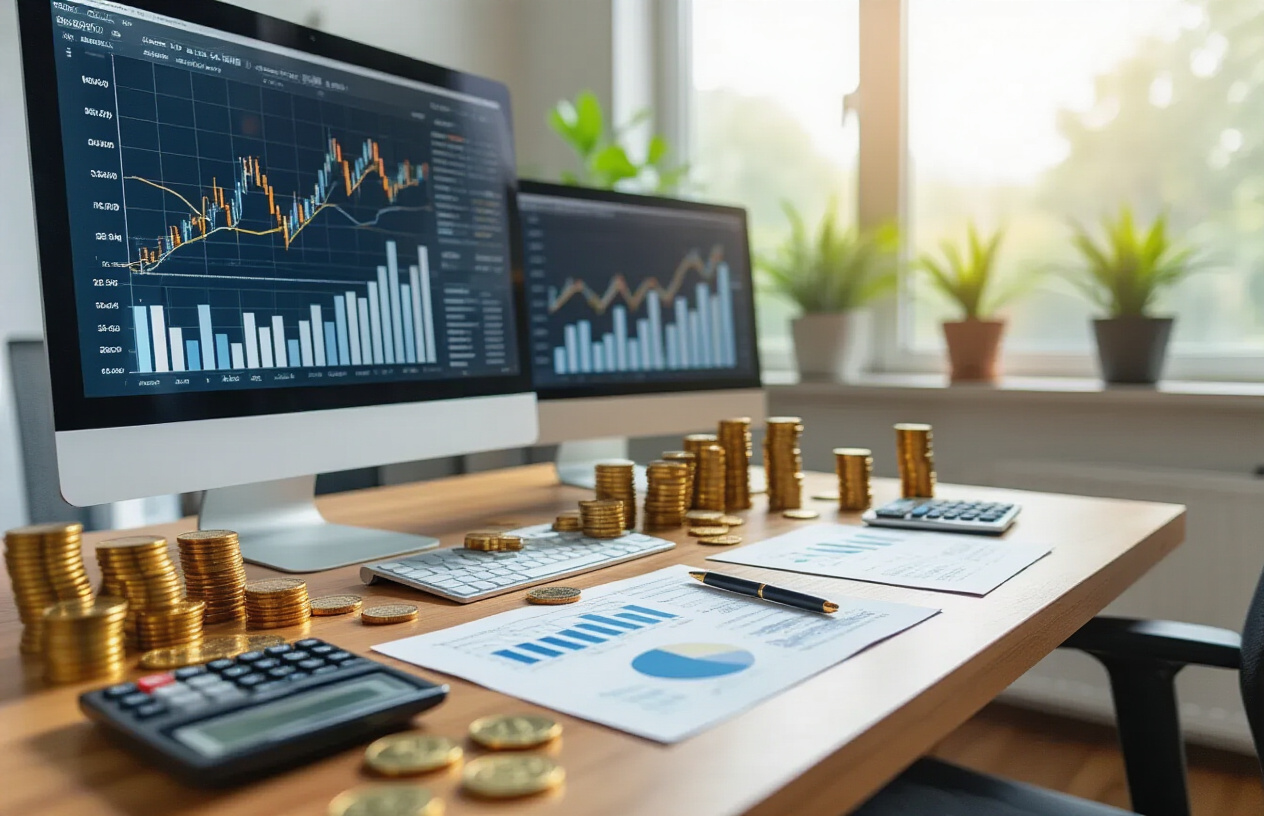 Create a realistic image of a professional business setting showing upward trending charts and graphs on computer screens and papers scattered on a modern desk, with golden coins and dollar bills strategically placed around the workspace, bright natural lighting from a window creating an optimistic atmosphere, clean office environment with plants in the background suggesting growth and prosperity, calculator and financial documents visible, representing cost-effective digital marketing success and high return on investment, absolutely NO text should be in the scene.