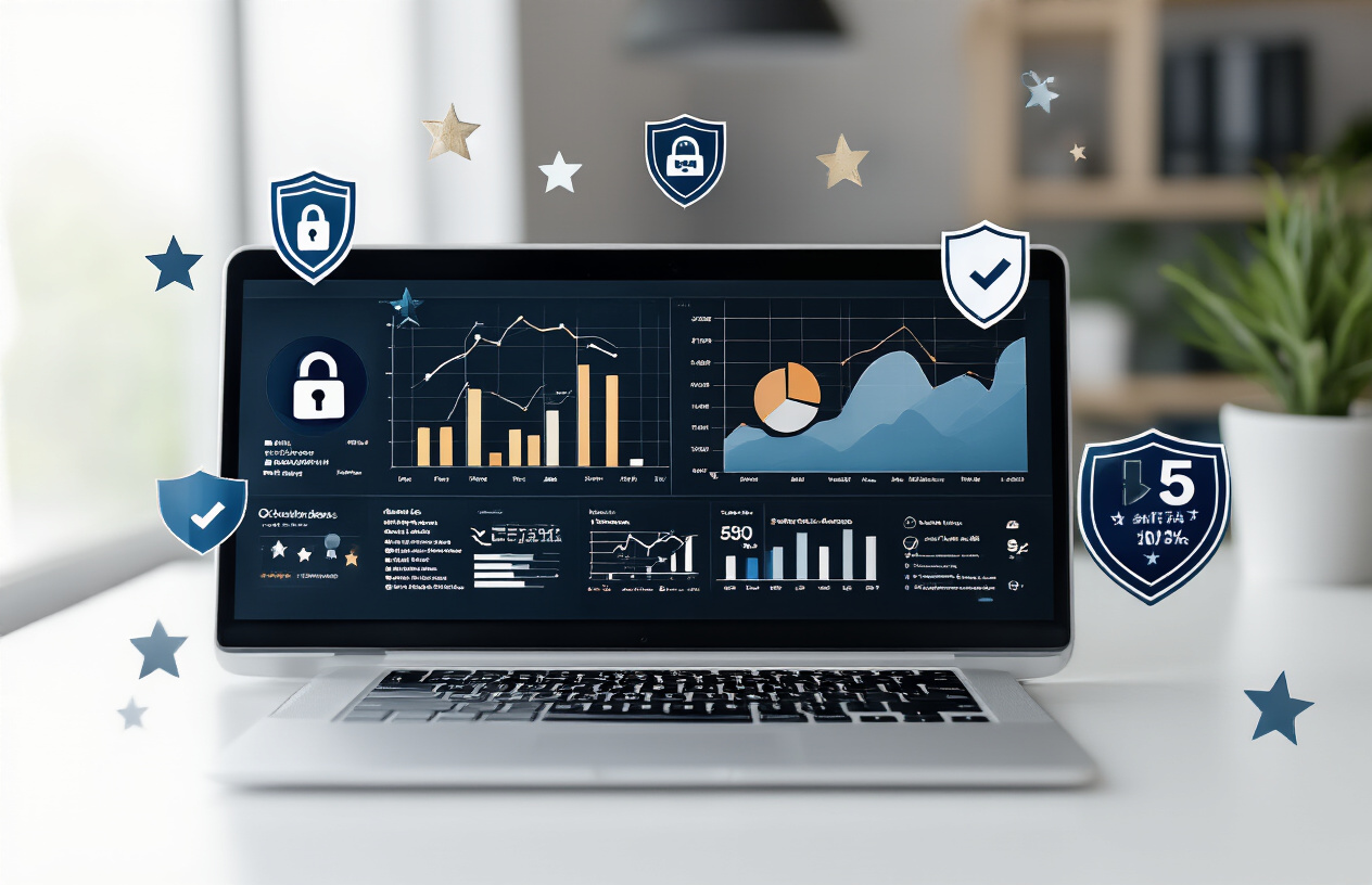 Create a realistic image of a professional modern office setting with a sleek laptop displaying analytics charts and graphs on the screen, surrounded by trust symbols like security shields, verified checkmarks, and five-star rating icons floating subtly around the device, with a clean white desk surface, soft natural lighting from a nearby window, and a minimalist background featuring blurred office elements, conveying authority and credibility in digital marketing. Absolutely NO text should be in the scene.