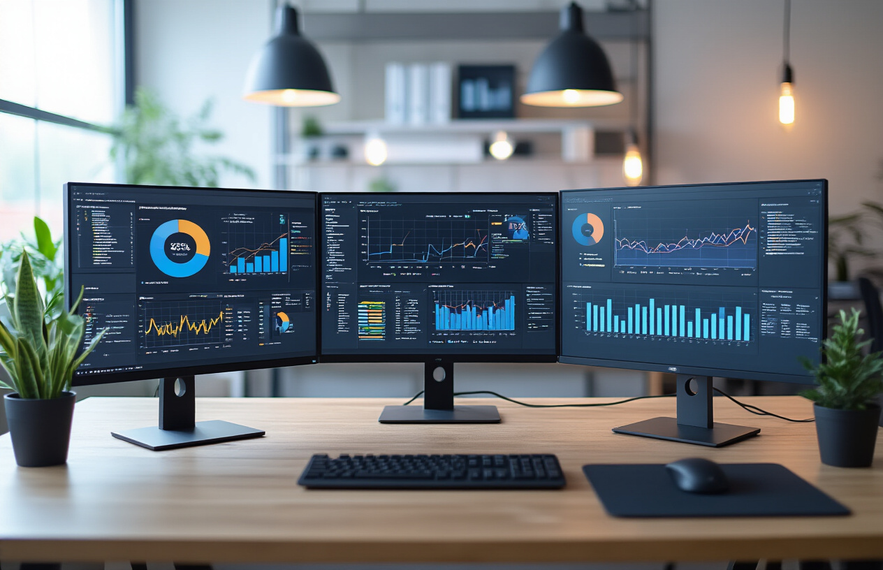 Create a realistic image of a computer workstation showing technical SEO analysis tools on multiple monitors displaying website performance graphs, speed metrics, crawl data, and code optimization interfaces, with a sleek modern office environment in the background, professional lighting highlighting the screens, featuring analytical charts and technical diagrams related to website optimization, absolutely NO text should be in the scene.