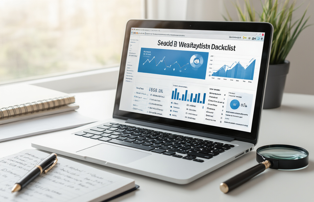 Create a realistic image of a laptop computer displaying a website analytics dashboard with upward trending graphs and SEO metrics on the screen, positioned on a modern desk with a notebook containing handwritten SEO audit checklist items, a pen, and a magnifying glass nearby, all set against a clean office background with soft natural lighting from a window, conveying success and achievement in website optimization, absolutely NO text should be in the scene.