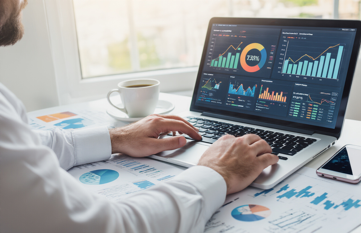 Create a realistic image of a modern office desk with a laptop computer displaying colorful analytics dashboards and SEO performance graphs on the screen, with hands of a white male professional typing on the keyboard, surrounded by printed reports with upward trending charts and graphs, a smartphone showing website rankings, and a coffee cup, all set against a clean white desk surface with natural lighting from a window, conveying productivity and immediate action being taken on digital marketing improvements, absolutely NO text should be in the scene.