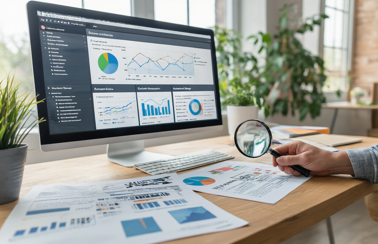 Create a realistic image of a modern office workspace with a computer monitor displaying website analytics dashboards and colorful charts showing SEO performance metrics, surrounded by scattered documents with content strategy notes, a magnifying glass examining website pages, optimization checklists, and digital marketing materials on a clean wooden desk, with soft natural lighting from a nearby window creating a professional and focused atmosphere, absolutely NO text should be in the scene.