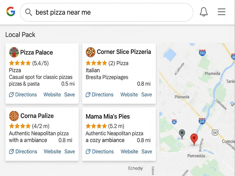 Google Local Pack showing local business listings with map and customer reviews on search results