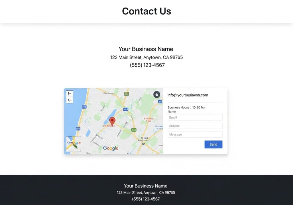 Contact Information showing NAP details and Google Map embed to improve local SEO and business visibility.