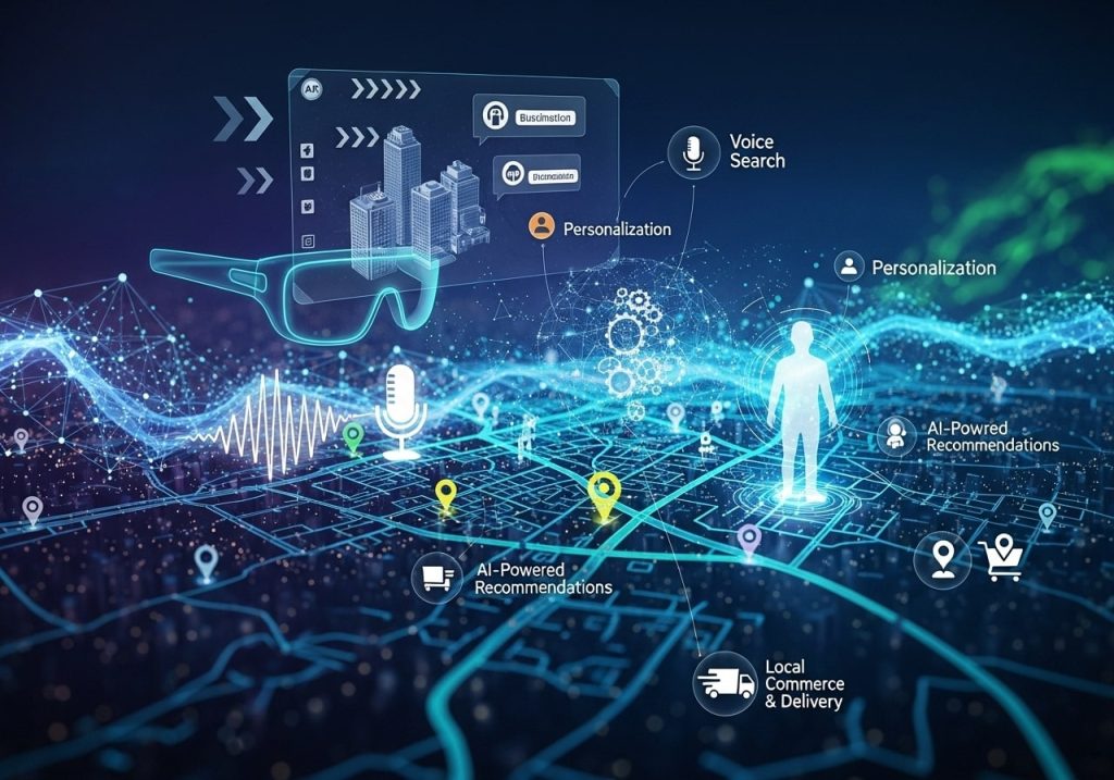 Future Trends in Local Search showing emerging SEO factors such as voice search, visual search, and artificial intelligence impacting Google local rankings.
