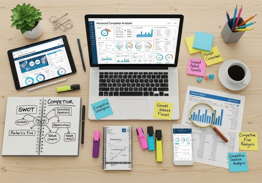 Marketer using advanced competitor analysis techniques with SEO tools and keyword data