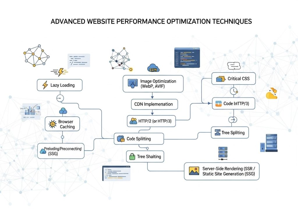Advanced website performance optimization techniques shown with developer tools and performance charts