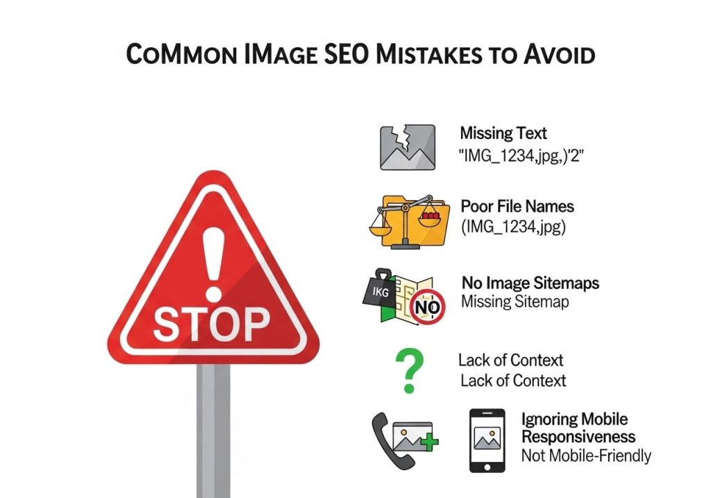 List of common image SEO mistakes like missing alt tags, large file sizes, and poor file naming