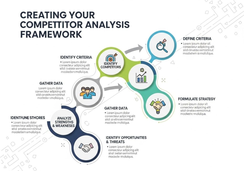 Marketer creating a competitor analysis framework with charts and strategy documents