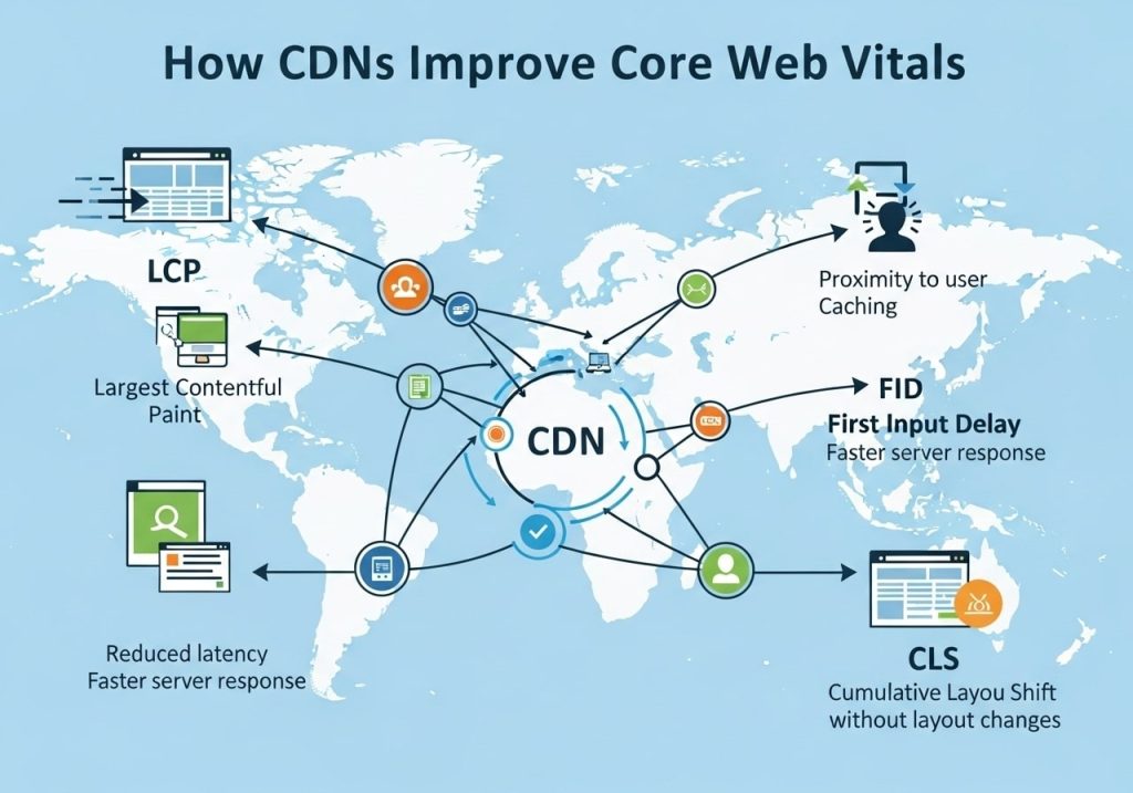 Diagram showing how a CDN reduces load times and improves Core Web Vitals like LCP, FID, and CLS for faster website performance