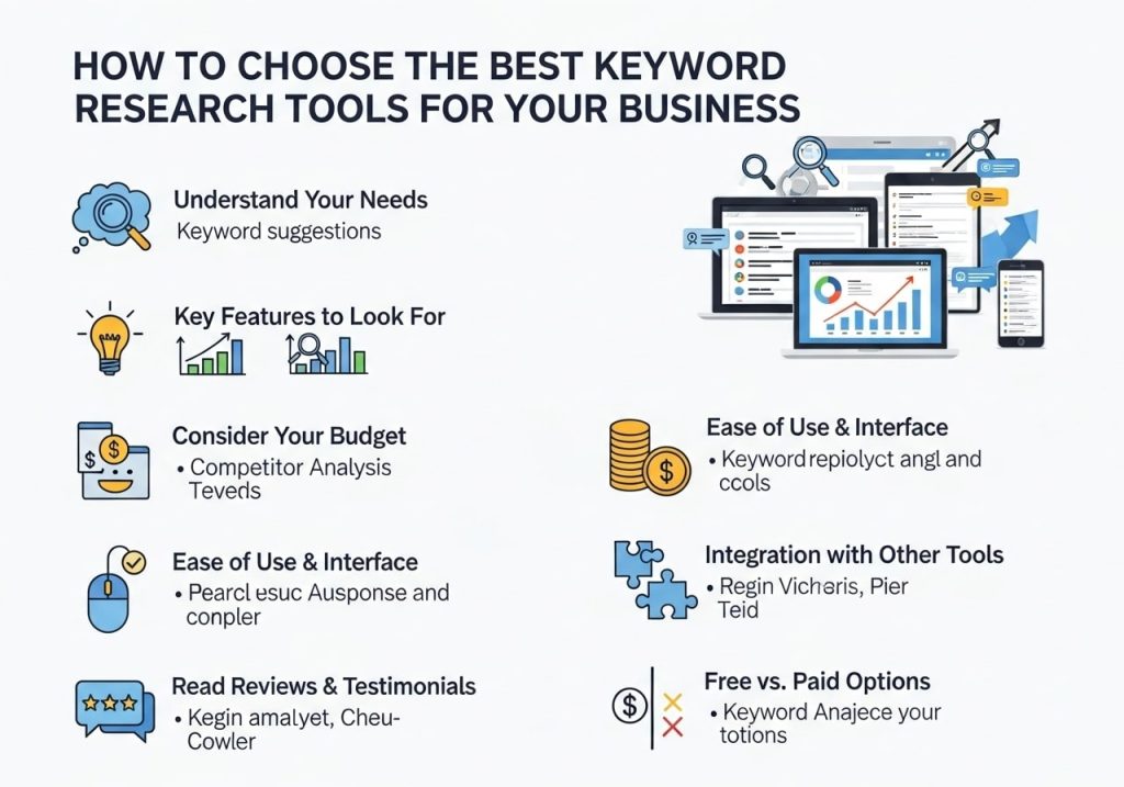 Infographic on how to choose the best keyword research tool for your business with tips and tool options like SEMrush, Ahrefs, Moz, and KWFinder.
