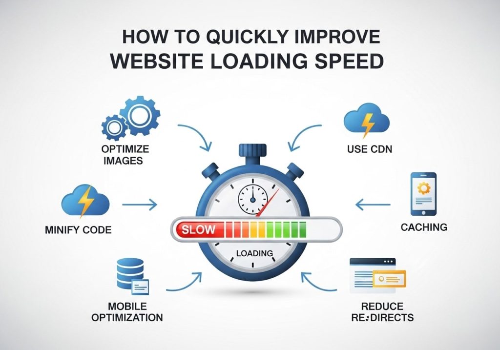 Quick website loading speed improvement techniques shown with icons and checklist