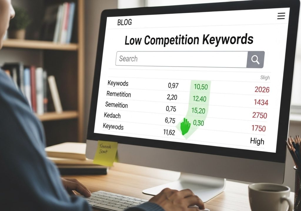 Screenshot of keyword research tools showing low competition keywords for blogging.