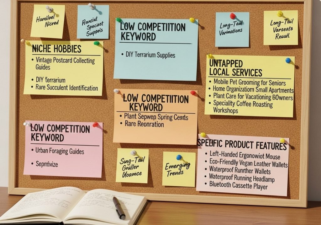 Sample list of low competition keywords for SEO and content marketing.