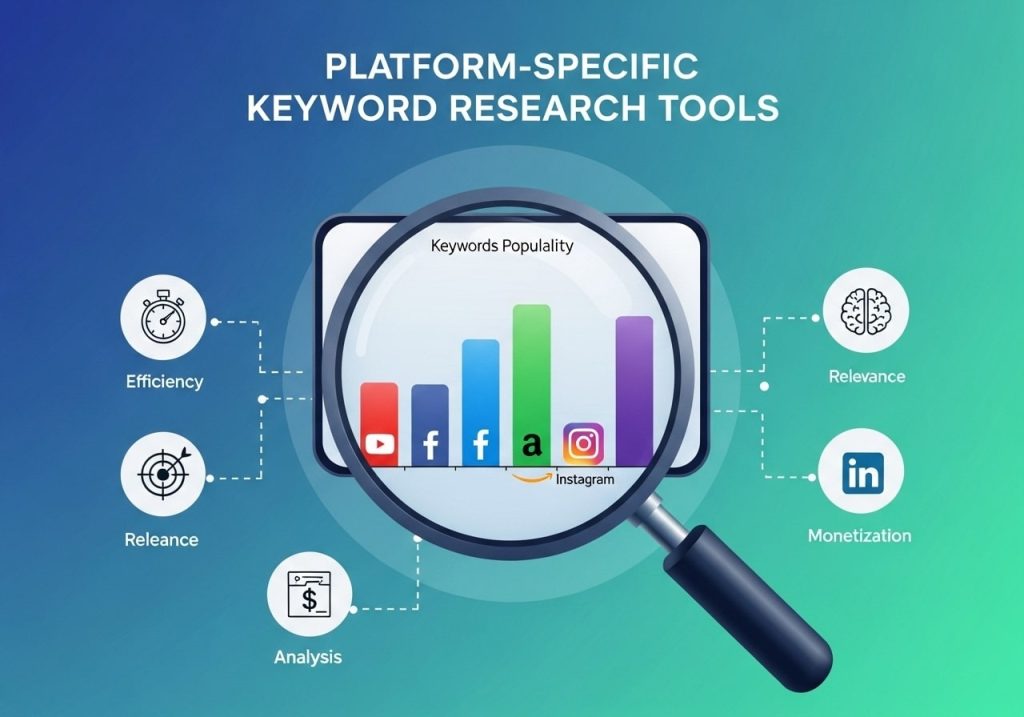 Chart showing platform-specific keyword research tools for Google, YouTube, Amazon, and other platforms.