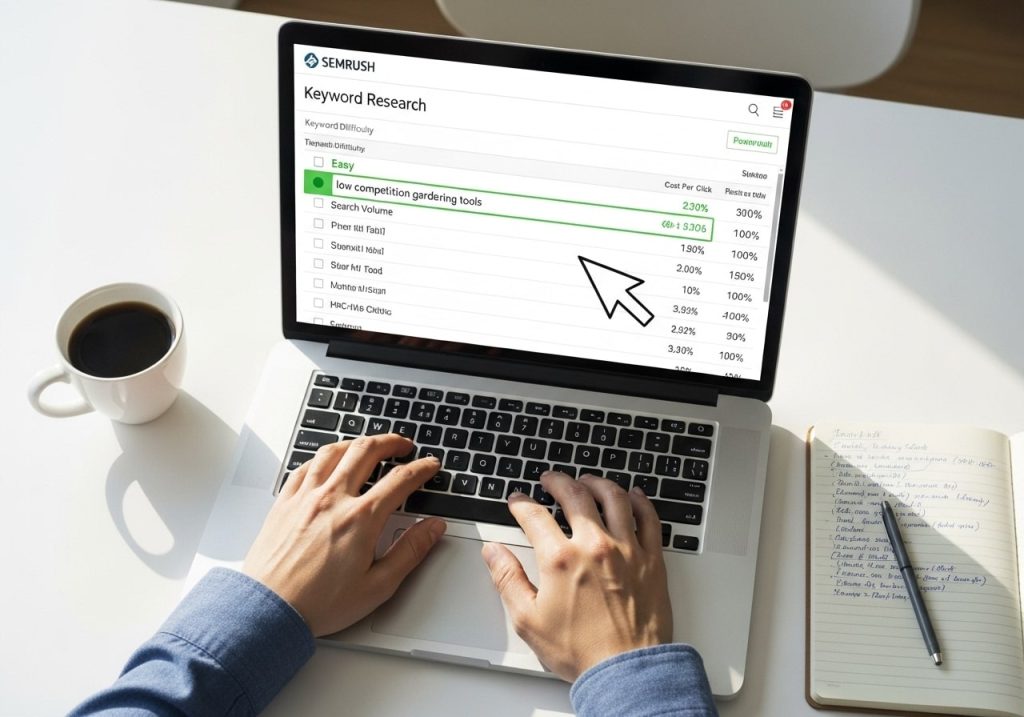 SEMrush dashboard displaying low competition keyword research results.