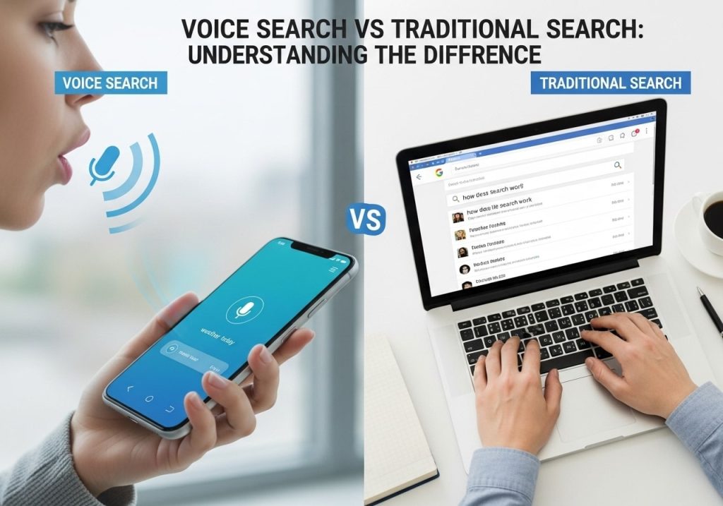 Comparison between voice search using a smartphone and traditional search through typing on a laptop.