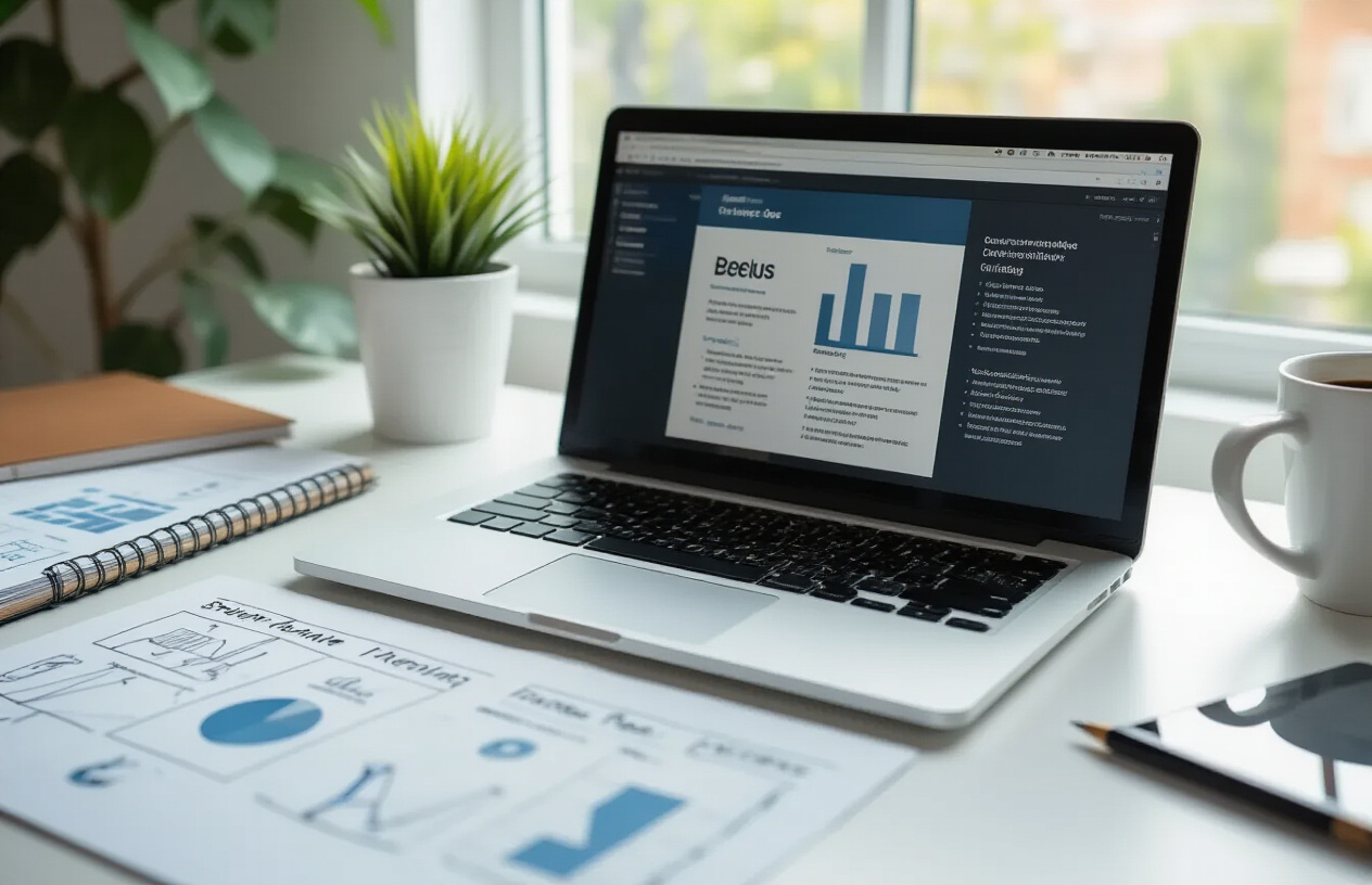 Content Structure That Supports SEO Goals Create a realistic image of a clean, modern workspace showing a laptop computer with a well-organized document or webpage layout visible on screen, featuring clear headings, bullet points, and structured paragraphs, surrounded by SEO planning materials like notebooks with neat diagrams, flowcharts, and organizational sketches spread across a white desk, with a potted plant and coffee cup in the background, bright natural lighting from a window, creating a professional and organized atmosphere that represents strategic content planning and structure, absolutely NO text should be in the scene.