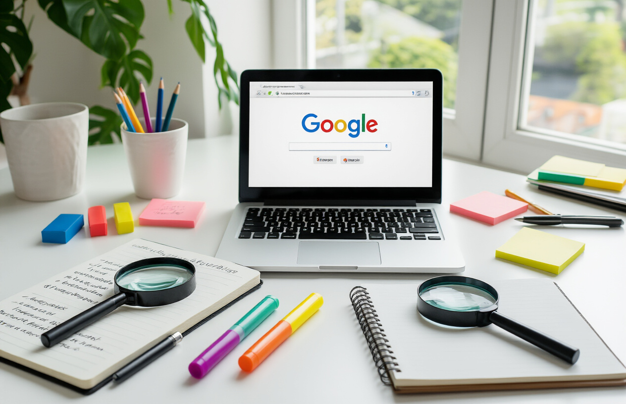 Create a realistic image of a clean, modern workspace with a laptop computer displaying a Google search results page on the screen, surrounded by organized SEO optimization tools including a notebook with handwritten bullet points, a magnifying glass, colorful highlighter pens, and sticky notes arranged on a white desk, with soft natural lighting from a window creating a professional and focused atmosphere, absolutely NO text should be in the scene.