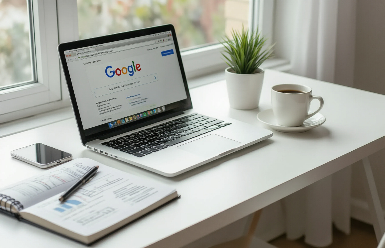 Create a realistic image of a clean, modern workspace showing a laptop computer displaying Google search results with featured snippet boxes prominently visible on the screen, surrounded by SEO strategy documents, a notebook with handwritten notes, and a coffee cup on a white desk, with soft natural lighting from a window creating a professional and accomplished atmosphere, shot from a slightly elevated angle to show the organized workspace layout, absolutely NO text should be in the scene.