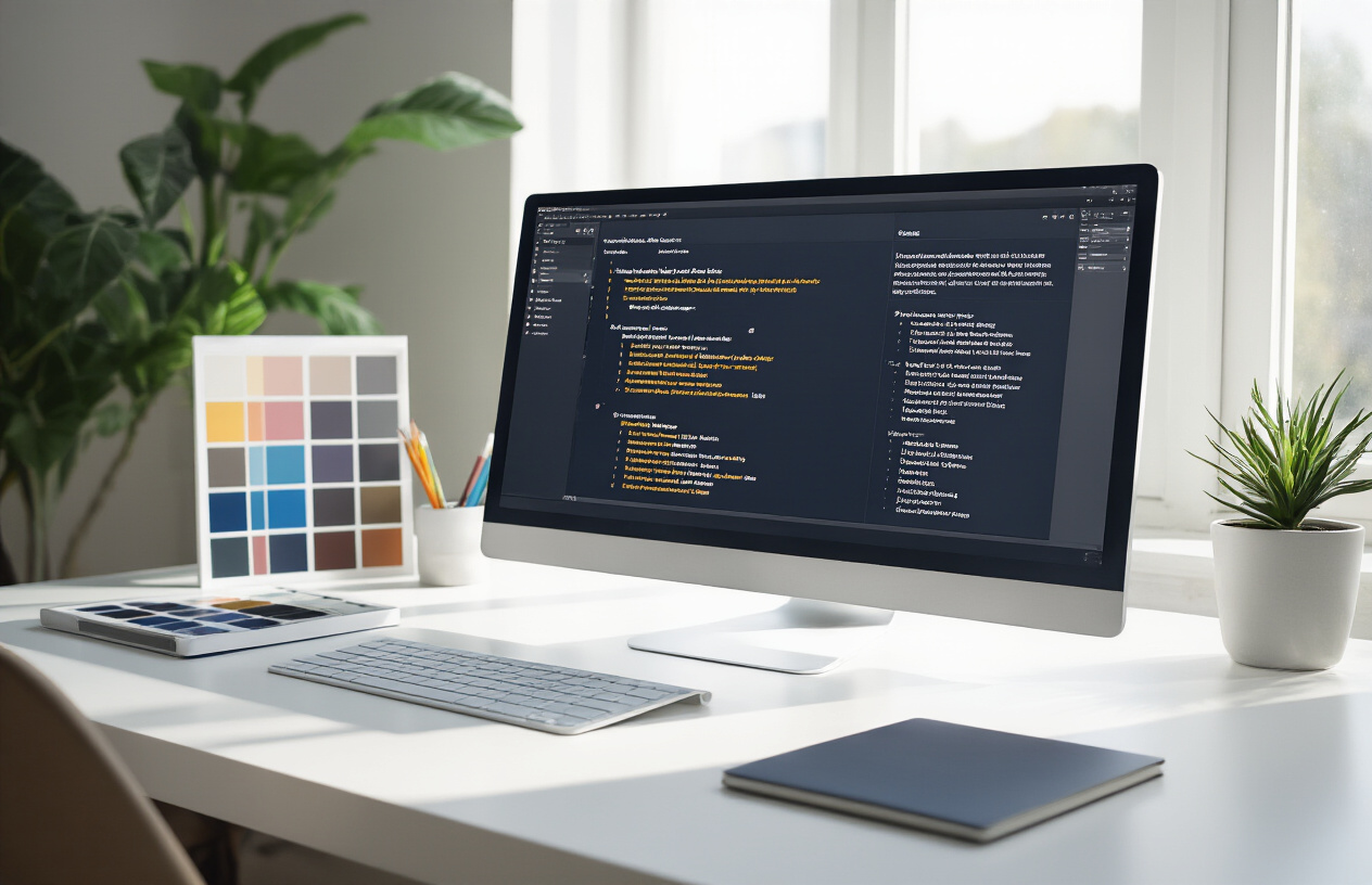 Create a realistic image of a clean, modern workspace featuring a computer monitor displaying a well-structured document with clearly organized headings and subheadings in different font sizes and weights, surrounded by design elements like a color palette guide, typography samples, and whitespace examples laid out on a white desk, with soft natural lighting from a nearby window creating gentle shadows, emphasizing the principles of visual hierarchy and clean layout design. Absolutely NO text should be in the scene.