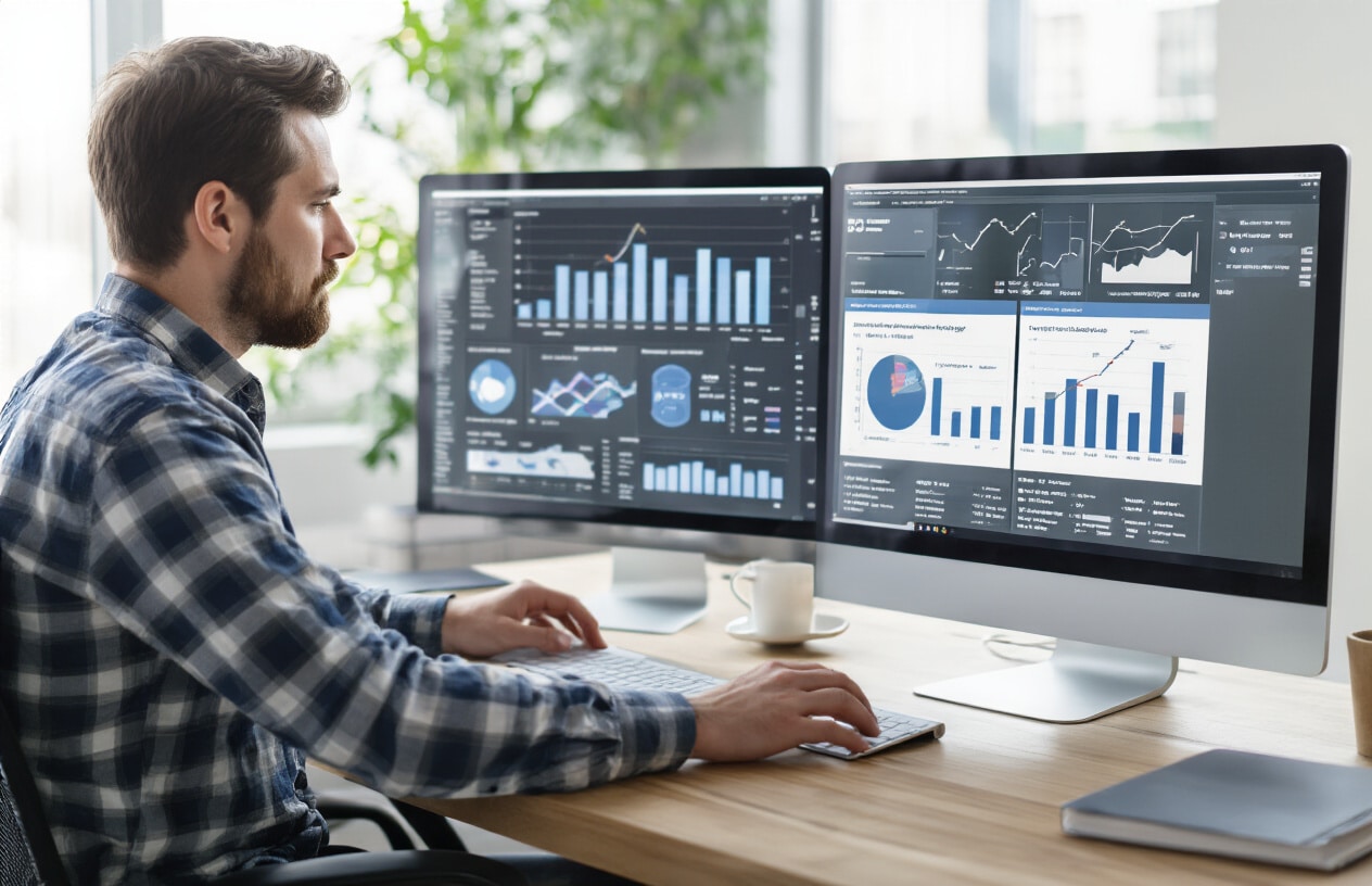 Running A/B Tests Correctly Create a realistic image of a clean, modern workspace showing a split-screen computer monitor displaying two different website versions side by side, with analytical charts and graphs on the desk, a white male digital marketer in business casual attire examining the data with focused concentration, professional office environment with natural lighting from a window, organized desk with notebooks and a coffee cup, emphasizing precision and methodical testing approach, absolutely NO text should be in the scene.