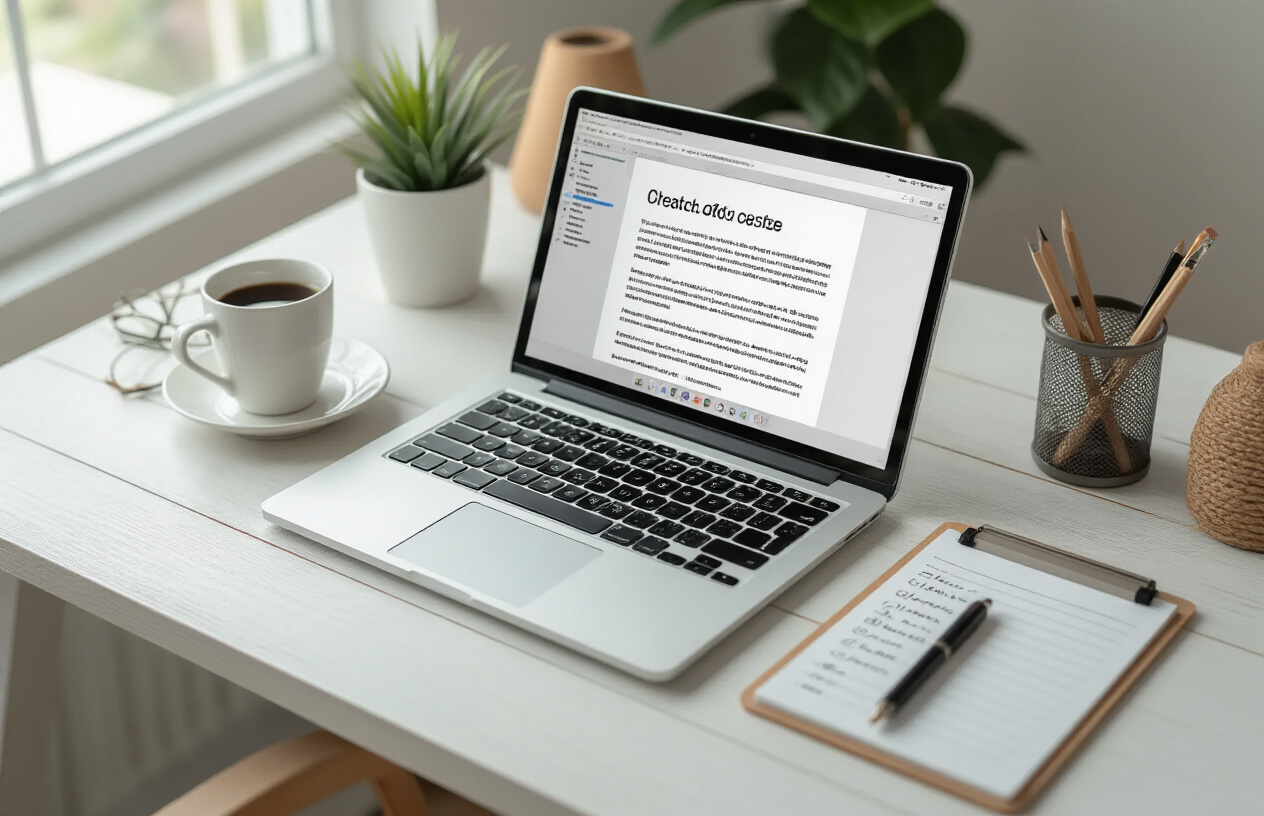 Create a realistic image of a clean, organized workspace with an open laptop displaying a well-structured document with clear heading hierarchy, a neat desk setup with a coffee cup, notepad with organized bullet points, and subtle office supplies arranged on a white wooden desk, soft natural lighting from a nearby window creating a productive and focused atmosphere, shot from a slight overhead angle, Absolutely NO text should be in the scene.