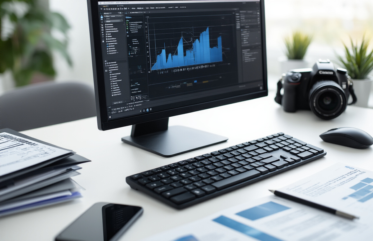Create a realistic image of a close-up view of a computer monitor displaying technical image optimization settings and specifications, with a professional workspace setting including a sleek desk, keyboard, and mouse, surrounded by photography equipment like a DSLR camera and smartphone, with file folders and technical documents scattered nearby, in a modern office environment with clean lighting and a minimalist background, absolutely NO text should be in the scene.