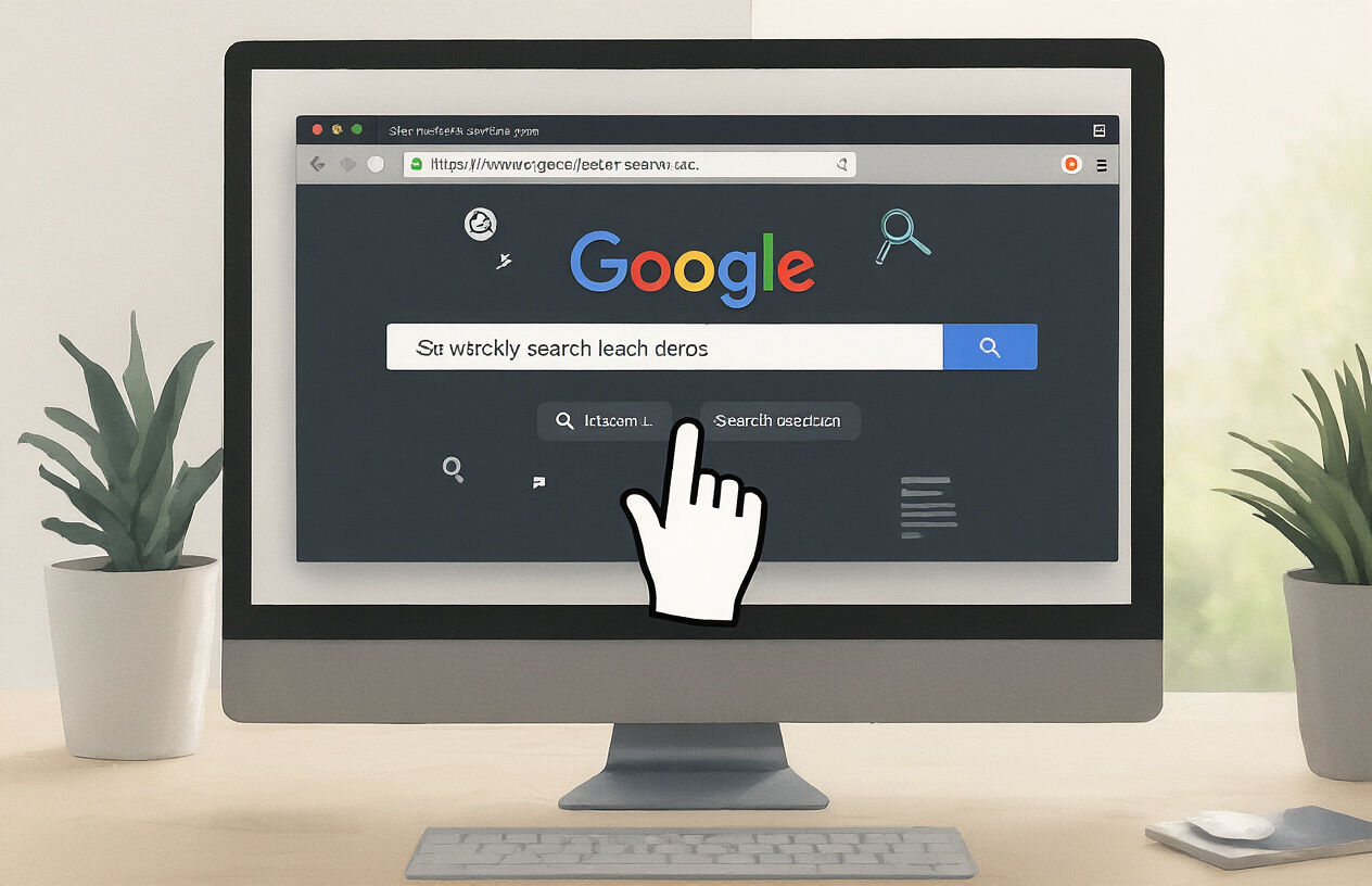 Create a realistic image of a close-up view of a computer screen displaying Google's search interface with a cursor positioned in the search bar, showing a partially typed search query with keywords being structured and organized, surrounded by subtle visual elements like magnifying glass icons and search suggestion dropdowns, set against a clean modern workspace background with soft natural lighting, absolutely NO text should be in the scene.