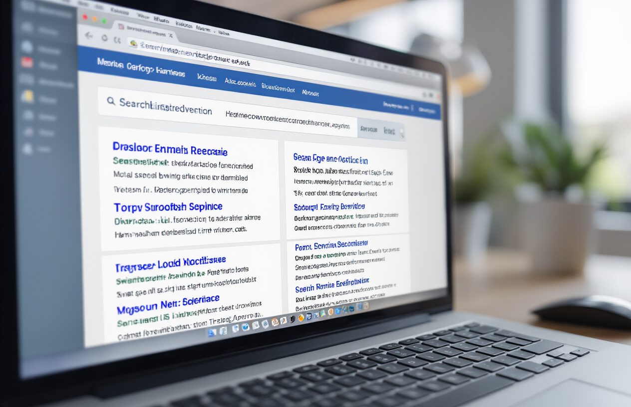 Crafting Compelling Meta Descriptions Within Length Limits Create a realistic image of a close-up view of a computer screen displaying a search engine results page with multiple website listings, focus on the snippet preview area showing meta descriptions of varying lengths, with a sleek modern workspace background including a keyboard and mouse, bright clean lighting, professional office atmosphere, Absolutely NO text should be in the scene.