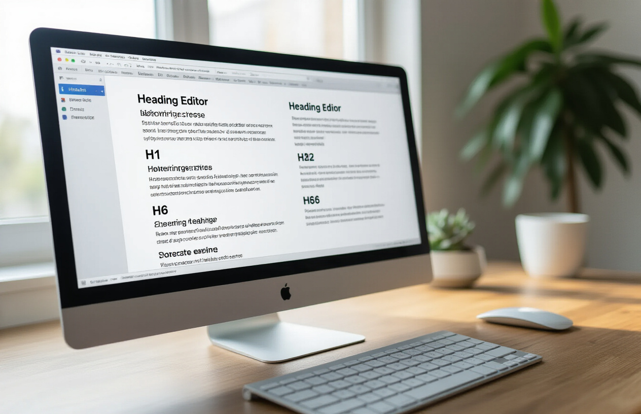 Create a realistic image of a close-up view of a computer screen displaying a document editor interface with six different heading levels clearly visible in hierarchical order, showing progressively smaller font sizes from H1 to H6, with a clean white document background, soft natural lighting from a window, and a modern workspace setting with a keyboard partially visible at the bottom of the frame, absolutely NO text should be in the scene.