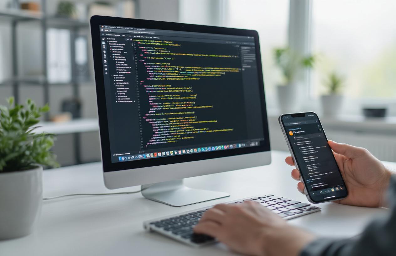 Create a realistic image of a close-up view of a computer screen displaying website code and technical settings with HTML markup, CSS styling elements, and local SEO optimization parameters visible on the monitor, alongside a smartphone showing a business listing interface, with a white male developer's hands typing on a modern keyboard, set against a clean modern office desk with soft natural lighting from a window, creating a professional technical atmosphere focused on digital marketing implementation. Absolutely NO text should be in the scene.