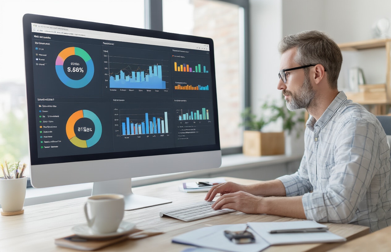 Key Things to Test in Your Titles Create a realistic image of a close-up view of a computer screen displaying a website analytics dashboard with multiple colorful charts and graphs showing comparison data, a white male digital marketer in his 30s sitting at a modern desk analyzing the data on the screen, various testing elements like bar charts and percentage metrics visible on the monitor, clean modern office environment with soft natural lighting from a window, professional workspace with notebooks and a coffee cup on the desk, focused and analytical mood, absolutely NO text should be in the scene.