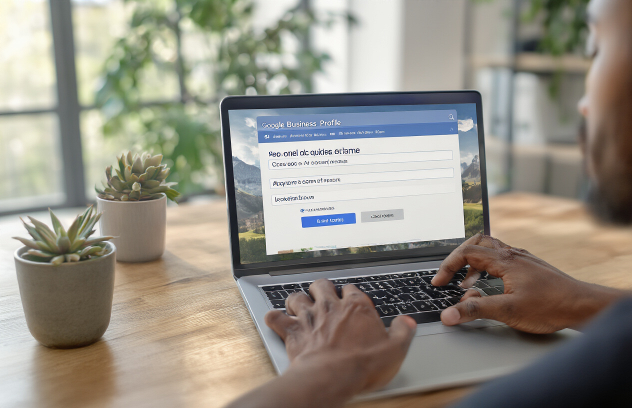 Create a realistic image of a close-up view of a laptop screen displaying a Google Business Profile interface with Q&A section visible, showing question and answer fields being filled out, with a diverse business owner's hands typing on the keyboard, modern office desk environment with soft natural lighting from a nearby window, clean and professional atmosphere, absolutely NO text should be in the scene.