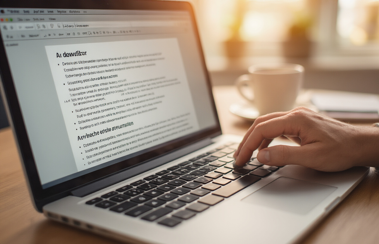 Create a realistic image of a close-up view of a laptop screen displaying a document with multiple well-structured headings and subheadings in a hierarchical format, with a person's hands typing on the keyboard, showing fingers in motion over the keys, warm office lighting creating a focused work atmosphere, a clean desk surface with a coffee cup and notepad visible in the background, conveying the concept of crafting compelling content structure, absolutely NO text should be in the scene.
