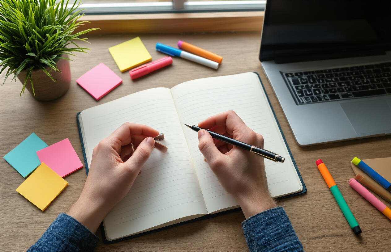 Writing Techniques That Capture Attention Create a realistic image of a close-up view of a person's hands holding a pen over an open notebook with blank pages, surrounded by scattered colorful sticky notes, highlighters, and a laptop computer on a modern wooden desk, with soft natural lighting from a nearby window creating an inspiring and focused writing atmosphere, showing the creative process of crafting compelling business descriptions, absolutely NO text should be in the scene.