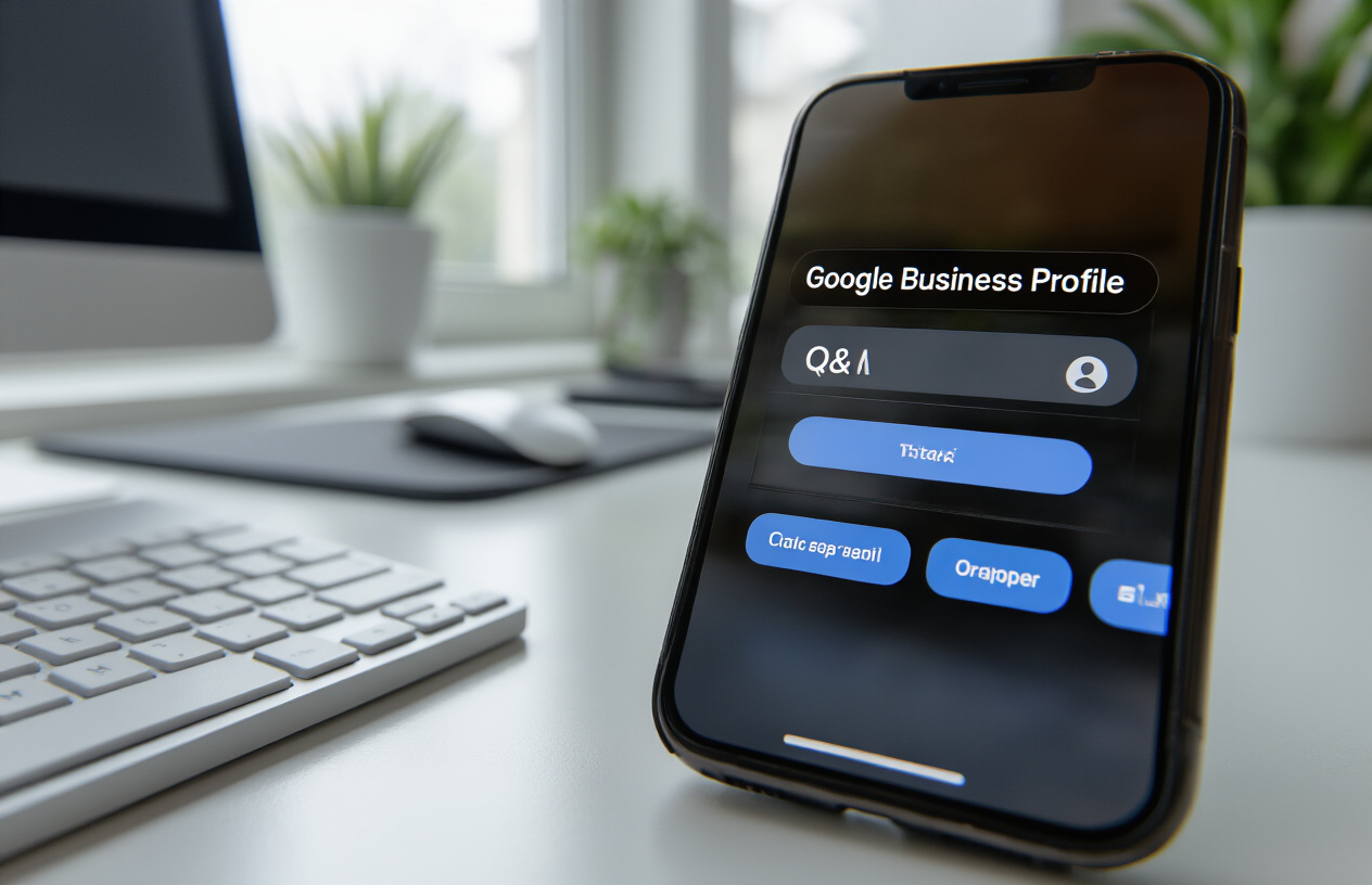 Create a realistic image of a close-up view of a smartphone screen displaying Google Business Profile interface with Q&A section visible, showing question and answer bubbles in a clean modern layout, placed on a white desk surface next to a computer keyboard and mouse, with soft natural lighting from a window, professional office environment in the background slightly blurred, emphasizing the digital business management concept, absolutely NO text should be in the scene.