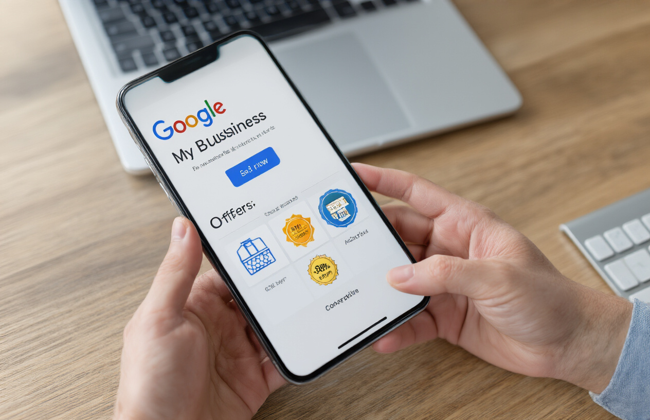Create a realistic image of a close-up view of a smartphone screen displaying the Google My Business interface with the offers section highlighted, showing promotional deal icons and discount badges, held by professional hands over a modern wooden desk with a laptop keyboard partially visible in the background, bright office lighting creating a clean business atmosphere, absolutely NO text should be in the scene.