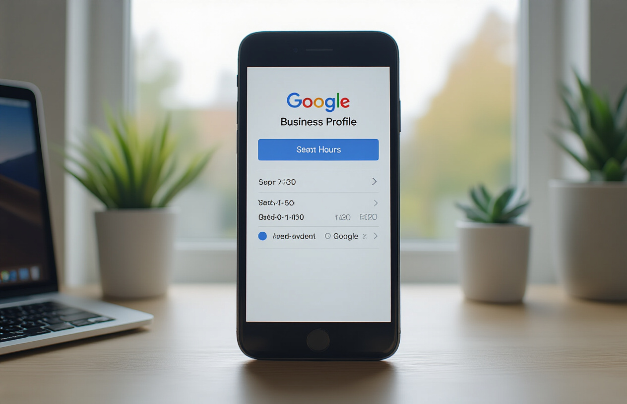 Create a realistic image of a close-up view of a smartphone or laptop screen displaying the Google Business Profile interface with business hours settings visible, showing time slots and day-of-week options, with a clean modern workspace background featuring a desk surface, soft natural lighting from a window, and the Google logo subtly visible on the screen, Absolutely NO text should be in the scene.