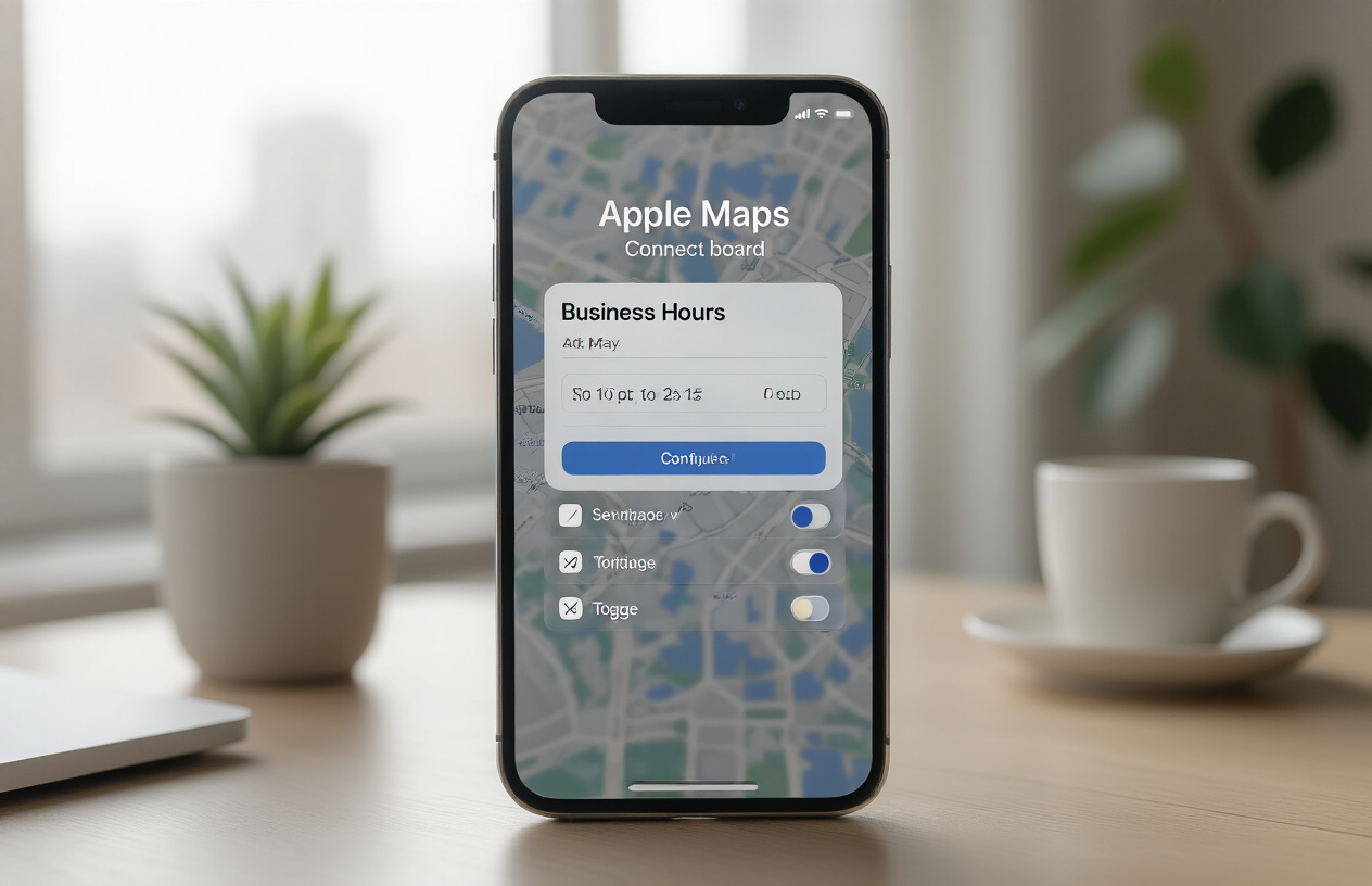 Create a realistic image of a close-up view of an iPhone displaying the Apple Maps Connect dashboard interface on the screen, showing business hours configuration settings with time selection dropdowns and toggle switches, placed on a modern office desk with soft natural lighting from a window, alongside a small potted plant and a coffee cup, creating a professional workspace atmosphere, Absolutely NO text should be in the scene.