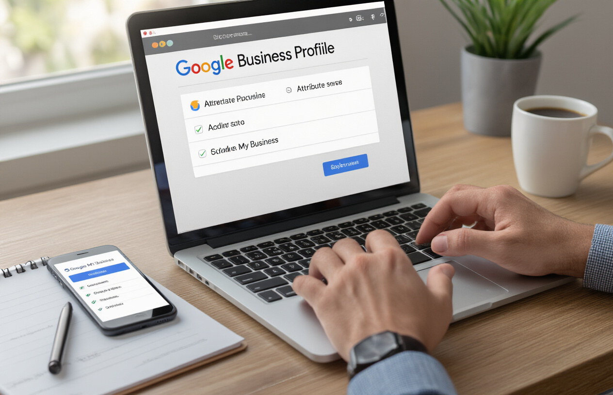 Create a realistic image of a close-up view of hands typing on a laptop keyboard with a Google Business Profile dashboard visible on the screen showing attribute selection options and dropdown menus, with a clean modern office desk setup including a smartphone displaying Google My Business mobile app, a notepad with checkmarks, and a coffee cup, captured in bright natural lighting from a window, conveying a professional and organized workflow atmosphere, absolutely NO text should be in the scene.