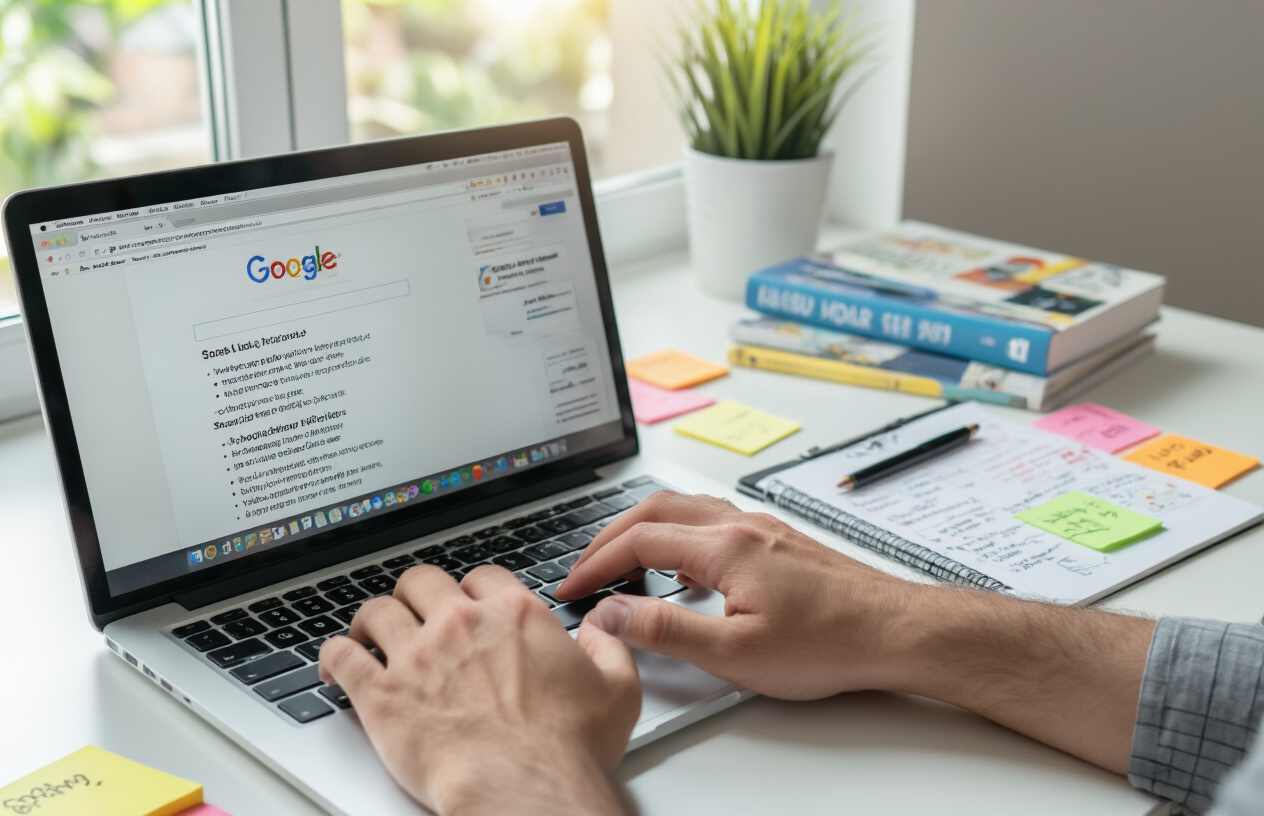 Create a realistic image of a close-up view of hands typing on a modern laptop keyboard with multiple browser tabs open on the screen showing Google search results pages with featured snippets highlighted, surrounded by scattered notebooks with handwritten notes about SEO techniques, colorful sticky notes, and a few marketing books on a clean white desk, with soft natural lighting from a nearby window creating a focused and productive atmosphere, absolutely NO text should be in the scene.