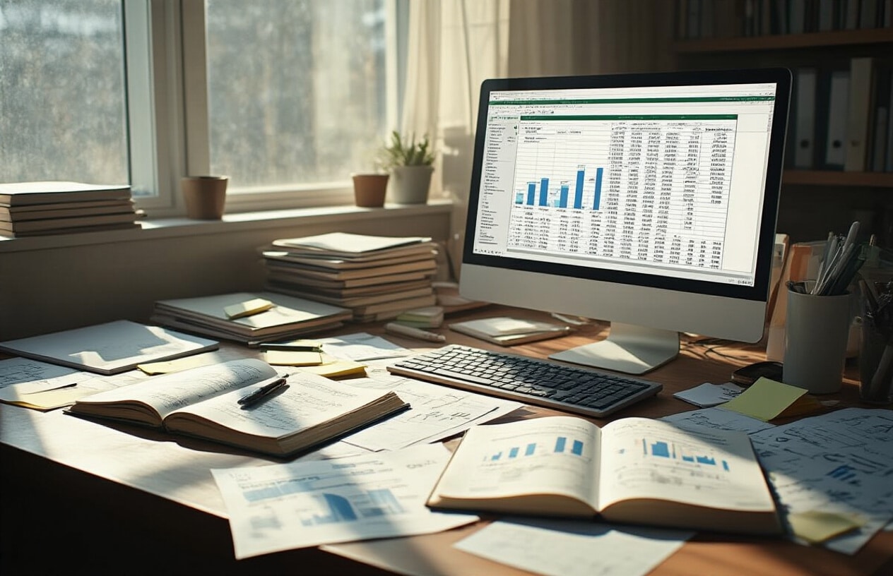 Create a realistic image of a cluttered desk workspace showing poor documentation practices with scattered handwritten notes, loose papers with data charts and graphs, multiple open notebooks with inconsistent entries, sticky notes randomly placed, and a computer screen displaying unorganized spreadsheet data, set in a dimly lit office environment with natural window light creating shadows across the messy workspace, conveying frustration and disorganization in data analysis work, absolutely NO text should be in the scene.