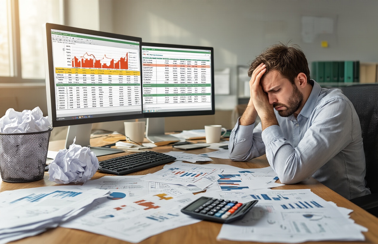 Create a realistic image of a cluttered office desk with messy spreadsheets and documents scattered around, a computer monitor displaying a data table with obvious errors like missing values and inconsistent formatting highlighted in red, crumpled paper balls in a waste basket nearby, a frustrated white male data analyst in business casual attire holding his head in his hands while looking at the problematic data on screen, dim office lighting creating shadows that emphasize the chaotic workspace, coffee stains on some papers, and a calculator with incorrect calculations visible, all conveying the negative impact of poor data cleaning practices, absolutely NO text should be in the scene.