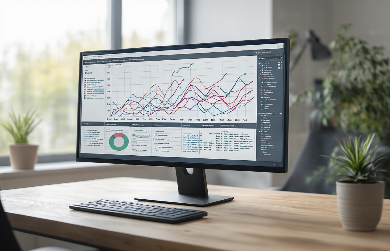 Create a realistic image of a computer monitor displaying a poorly designed data visualization with a cluttered, confusing chart full of overlapping lines and illegible data points, while important patterns and trends remain hidden in the messy presentation, with a clean modern office desk setup in the background, soft natural lighting from a window, creating a professional yet problematic atmosphere that illustrates how bad visualization obscures valuable insights, absolutely NO text should be in the scene.